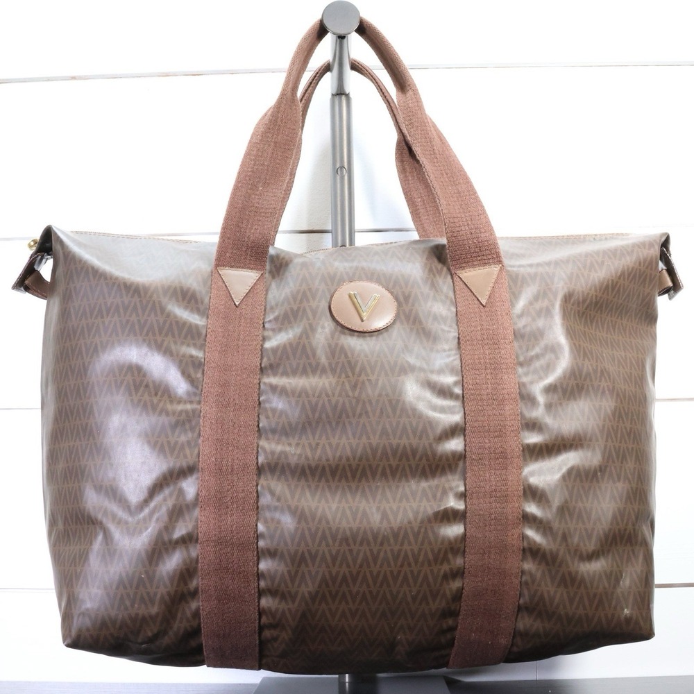 Mario Valentino Brown Chevron Monogram PVC Leather Trim Large Travel Tote Bag